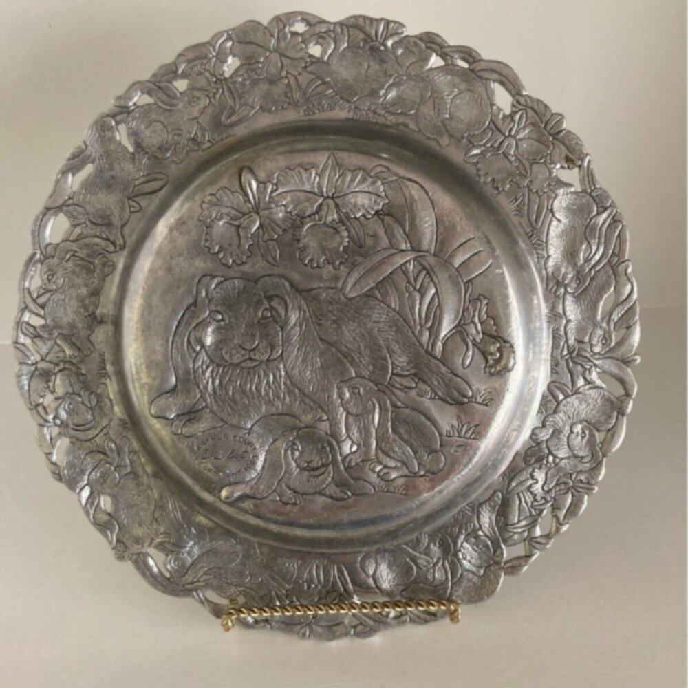 Serving Plate Bunny Rabbit Easter Spring Aluminum 14", 1993 vintage Arthur Court